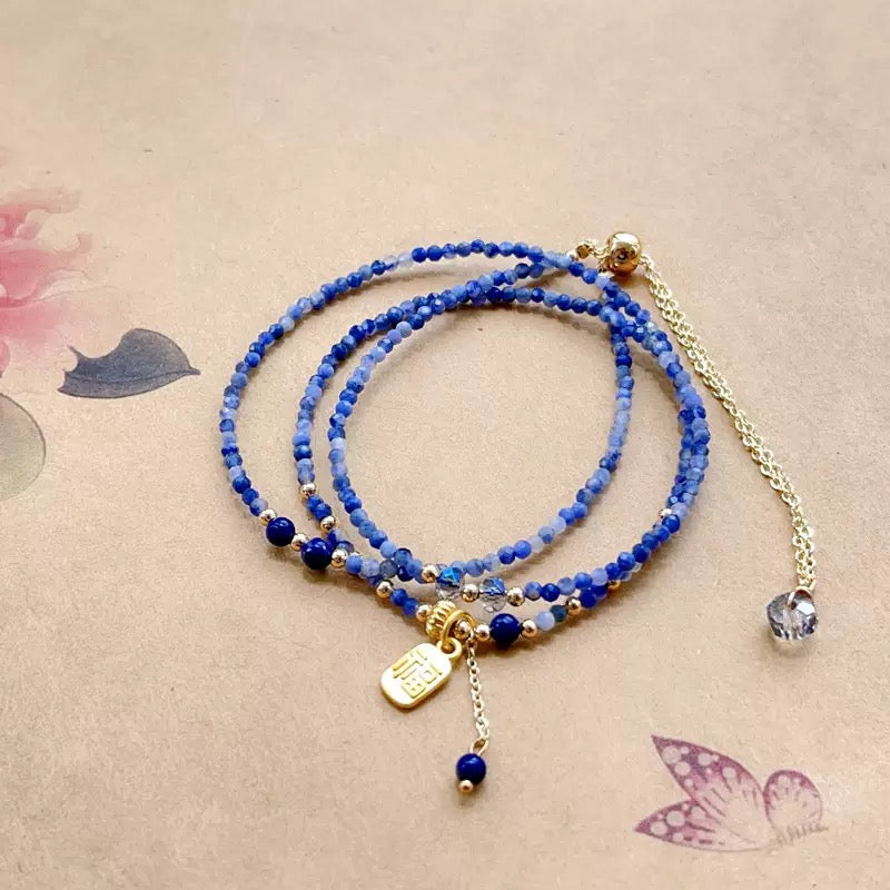 Blue Quartz Wrap Bracelet Necklace – Multi-Layer Crystal with Lucky Charm
