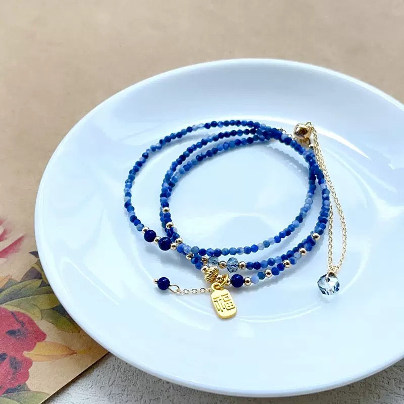 Blue Quartz Wrap Bracelet Necklace – Multi-Layer Crystal with Lucky Charm