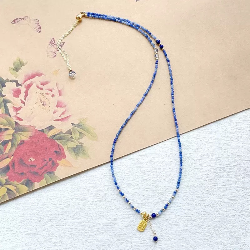 Blue Quartz Wrap Bracelet Necklace – Multi-Layer Crystal with Lucky Charm