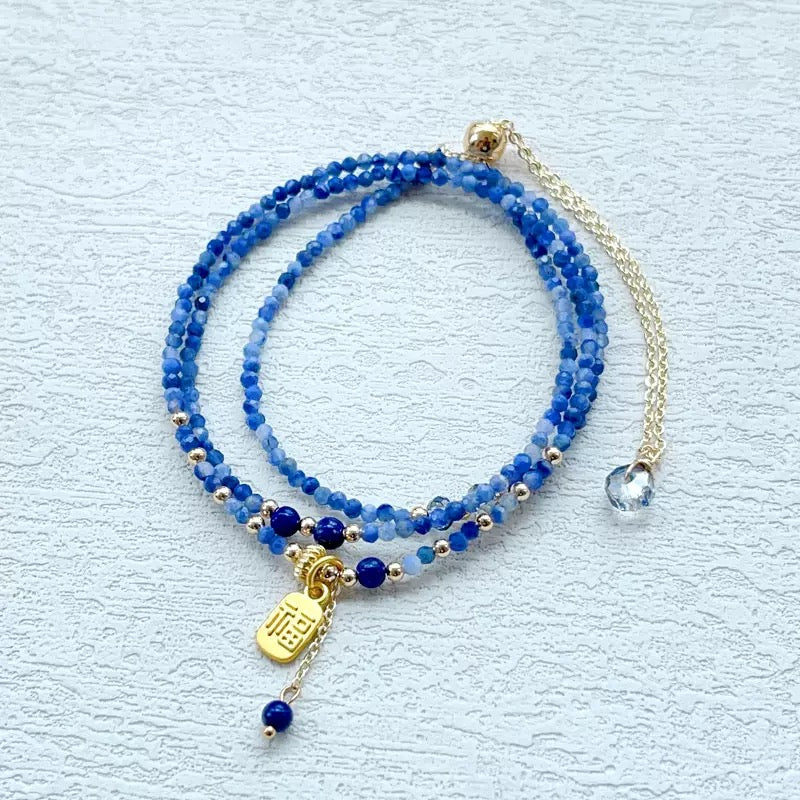 Blue Quartz Wrap Bracelet Necklace – Multi-Layer Crystal with Lucky Charm