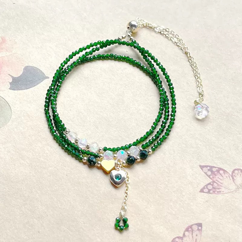 Natural Green Crystal & Turquoise Multi-Layer Bracelet Necklace – Heart Charm, Handmade Jewelry