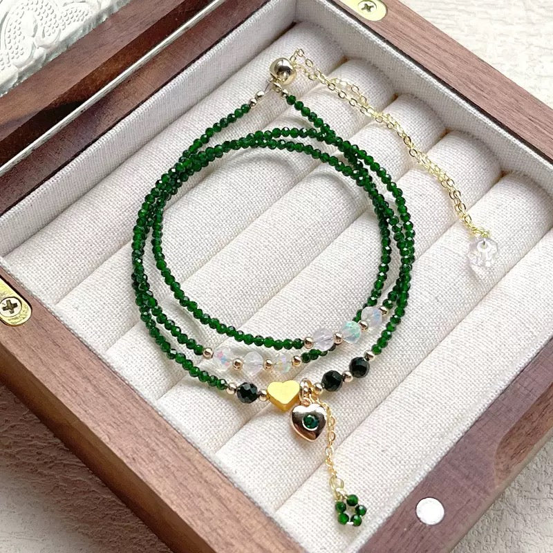 Natural Green Crystal & Turquoise Multi-Layer Bracelet Necklace – Heart Charm, Handmade Jewelry