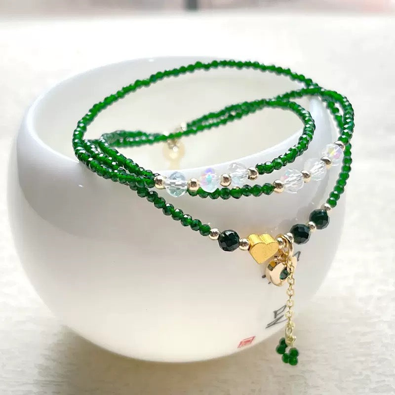 Natural Green Crystal & Turquoise Multi-Layer Bracelet Necklace – Heart Charm, Handmade Jewelry